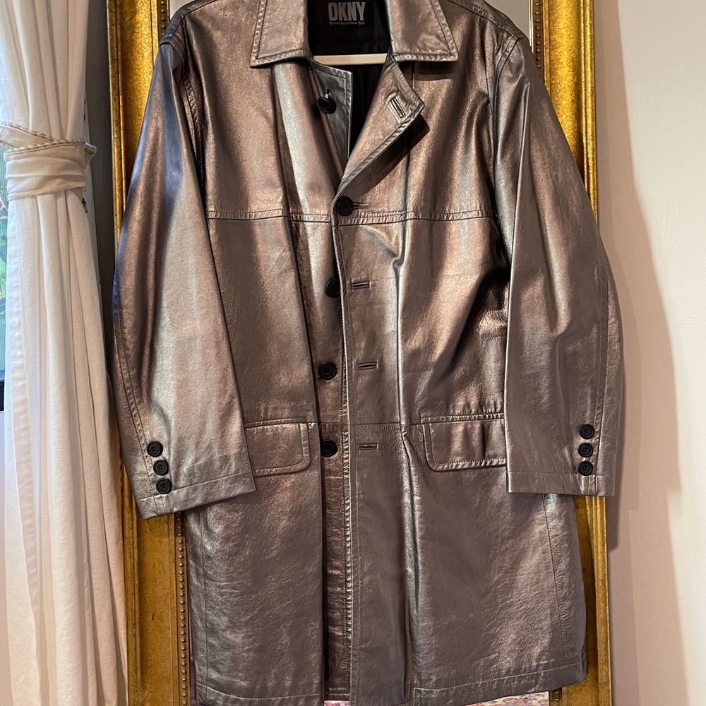 DKNY Gunmetal Leather Metallic Trench